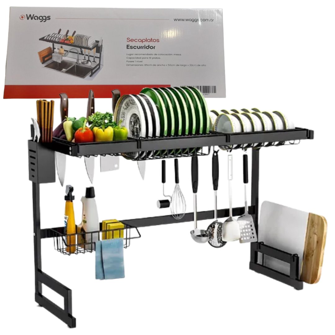 Rack Escurridor Secaplatos Negro Grande Sobre Bacha Waggs SEPL01