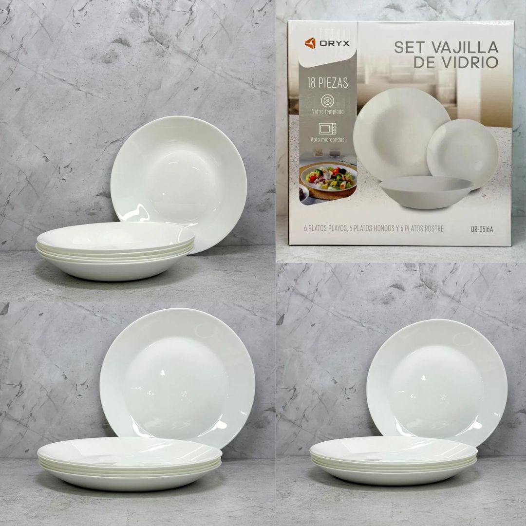 SET DE VAJILLA DE VIDRIO ORYX X18PCS BLANCO OR-516