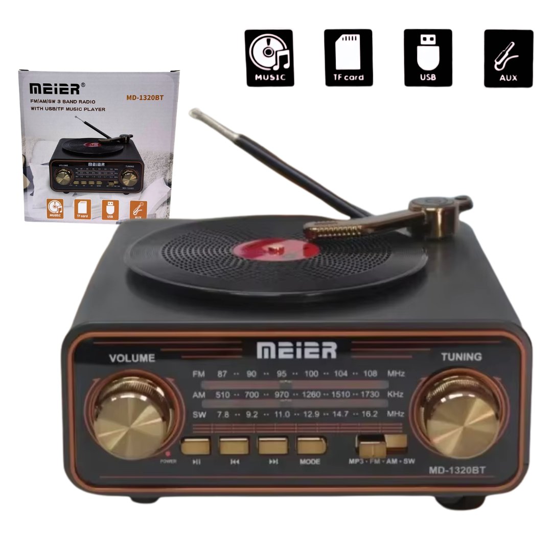 Radio Portatil Estilo Tocadiscos BT USB SD Aux MEIER MD-1320BT