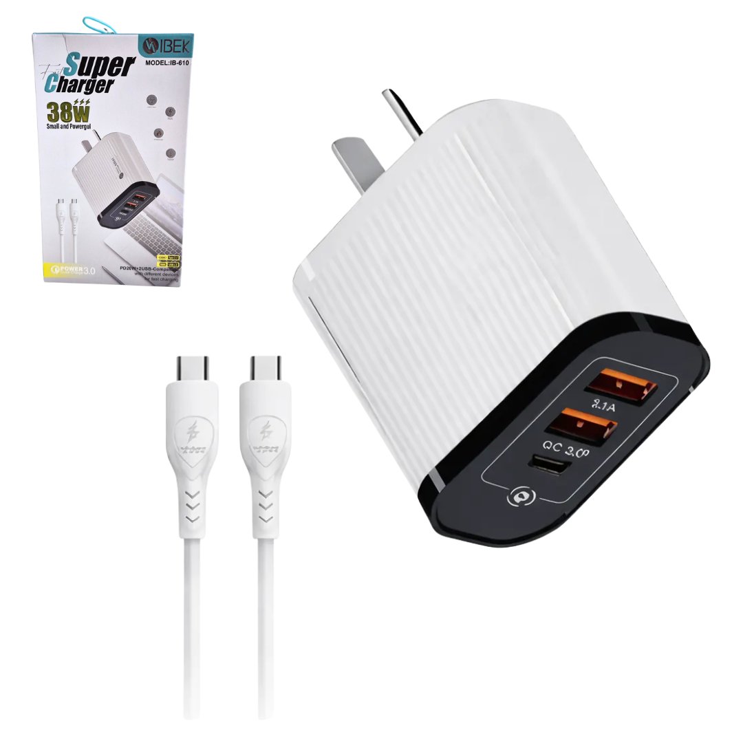 Cargador Ibek 38W 3 Puertos c/cable C a C SUPER CHARGER IB-610